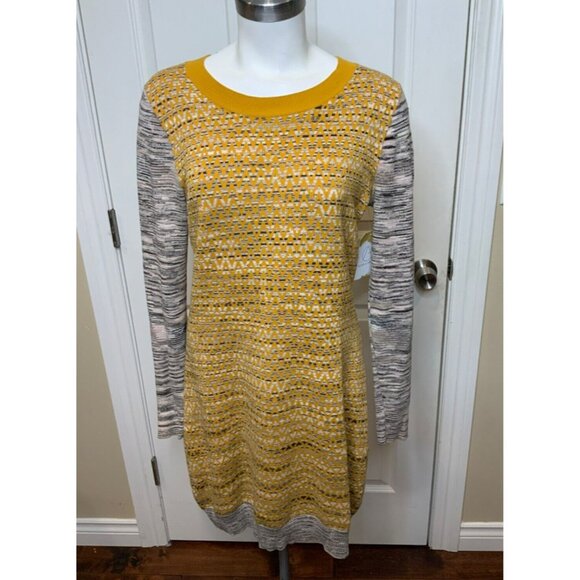 French Connection Yellow Gray Zig-Zag Long Sleeve Sweater Dress, Size 8 - Picture 1 of 5